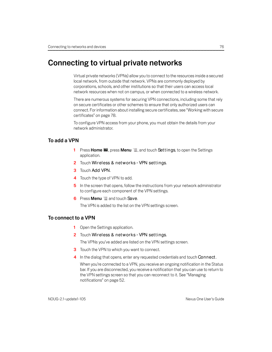 HTC HTCONEUNLOCKEDBLACK manual Connecting to virtual private networks, To add a VPN, To connect to a VPN 