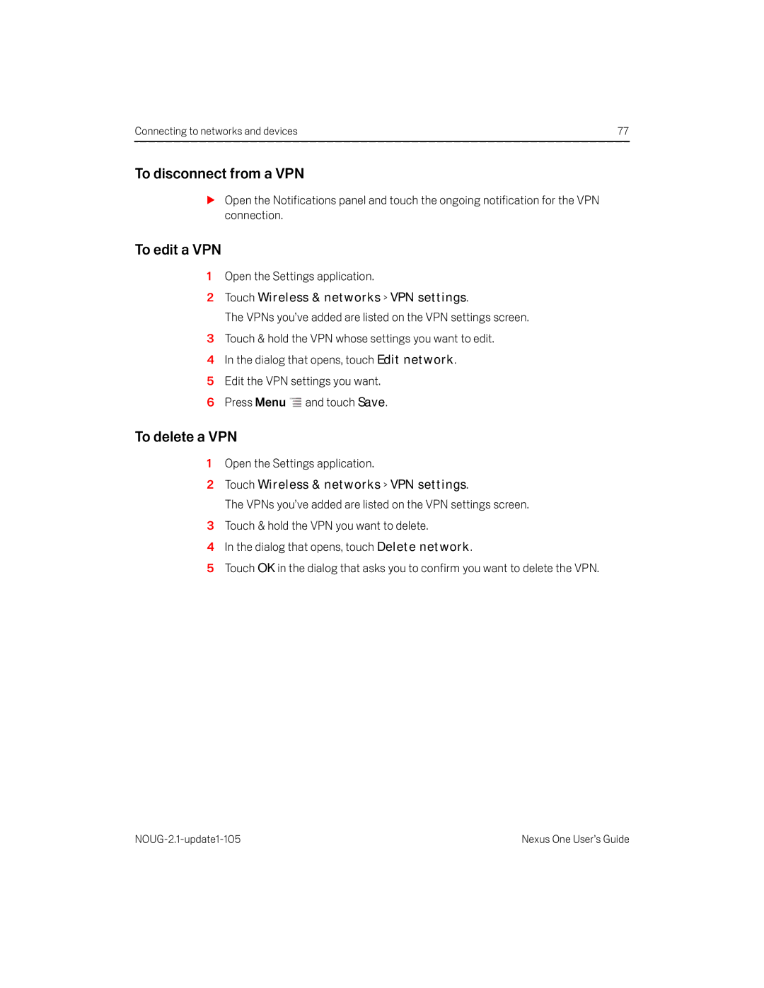 HTC HTCONEUNLOCKEDBLACK manual To disconnect from a VPN, To edit a VPN, To delete a VPN 