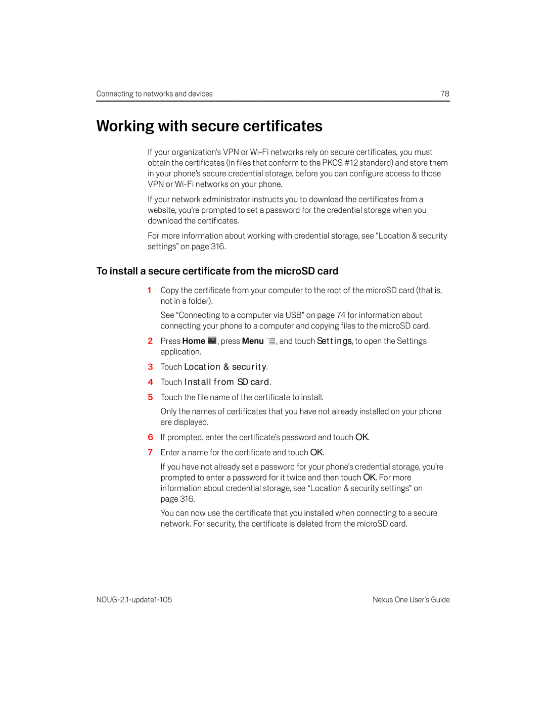 HTC HTCONEUNLOCKEDBLACK manual Working with secure certificates, To install a secure certificate from the microSD card 