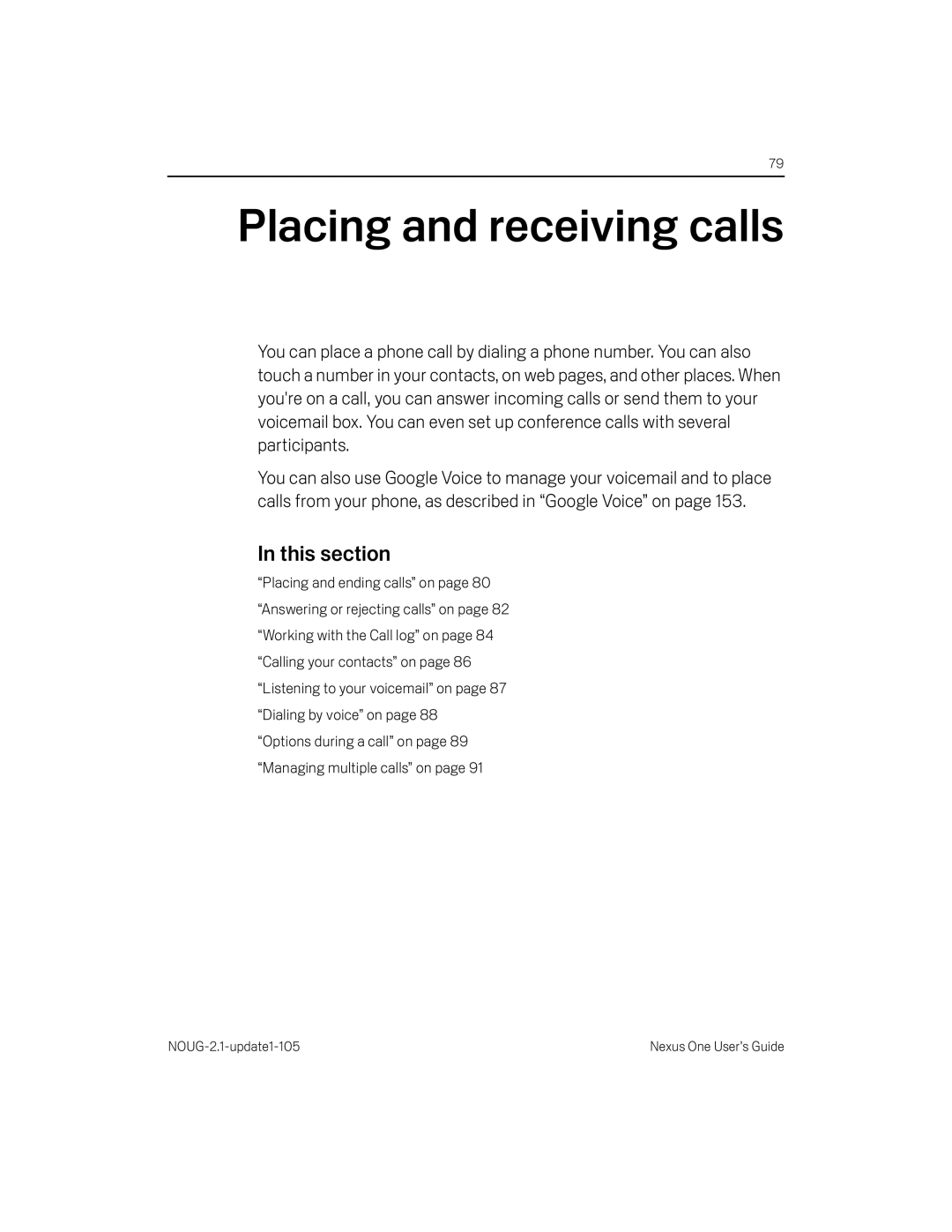 HTC HTCONEUNLOCKEDBLACK manual Placing and receiving calls, This section 