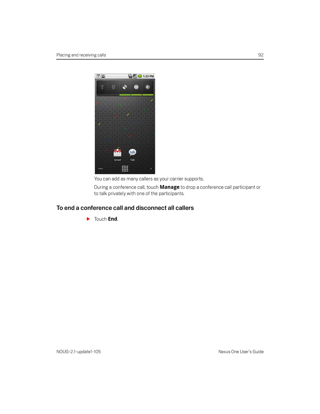 HTC HTCONEUNLOCKEDBLACK manual To end a conference call and disconnect all callers, Touch End 