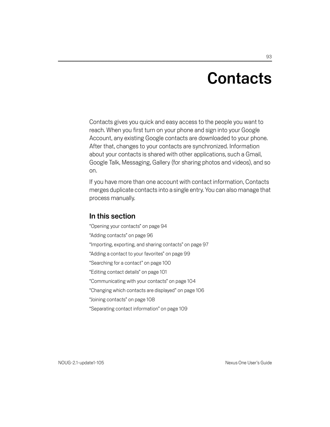 HTC HTCONEUNLOCKEDBLACK manual Contacts, This section 