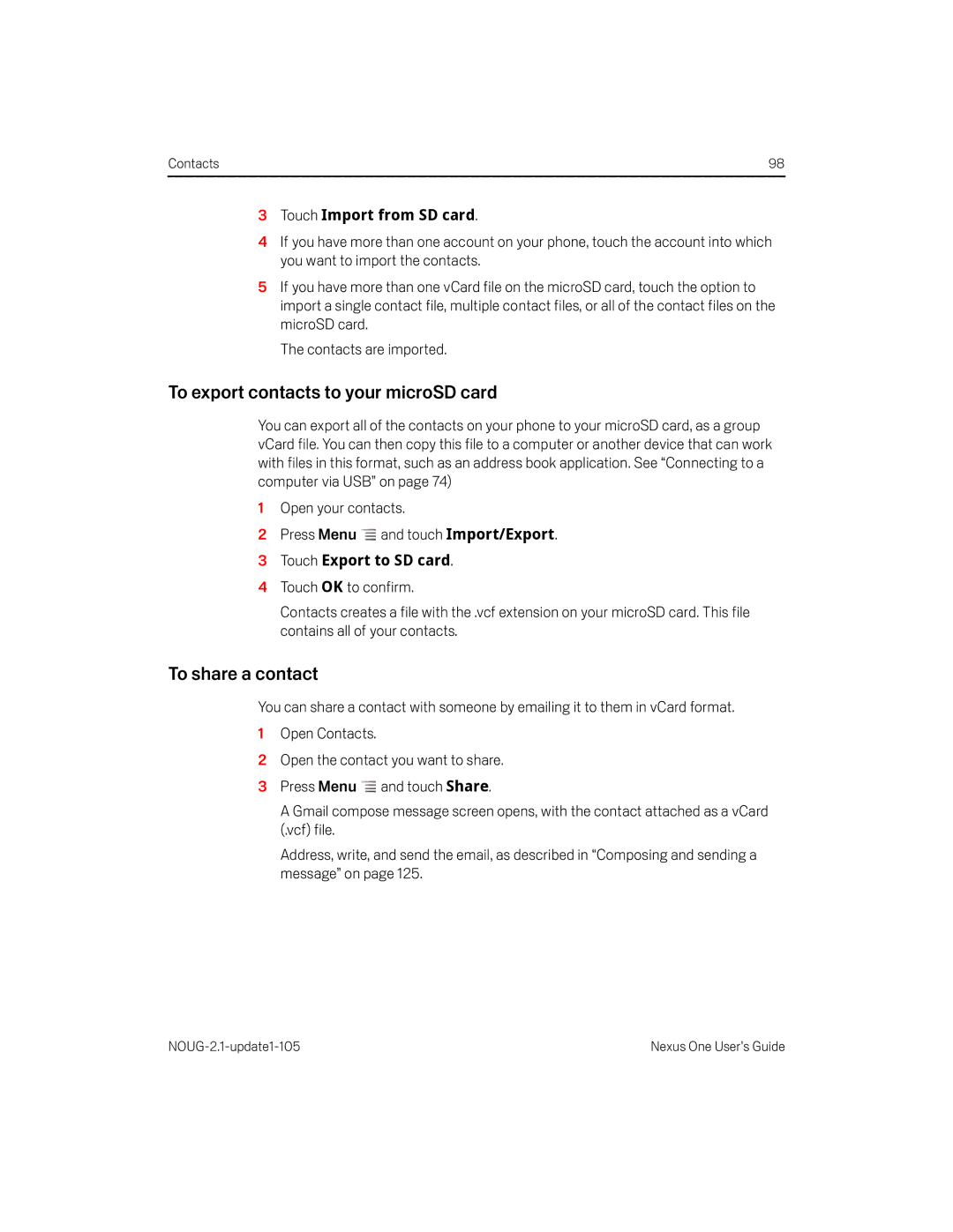 HTC HTCONEUNLOCKEDBLACK manual To export contacts to your microSD card, To share a contact, Touch Import from SD card 