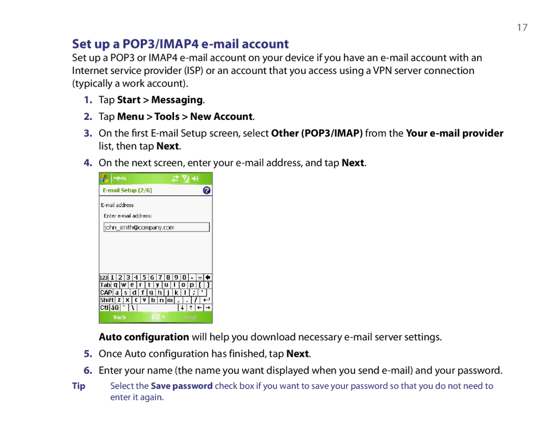 HTC quick start Set up a POP3/IMAP4 e-mail account, Tap Start Messaging Tap Menu Tools New Account 