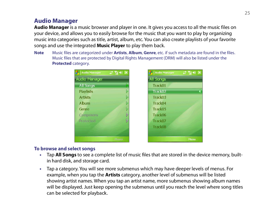 HTC POP3, IMAP4 quick start Audio Manager, To browse and select songs 