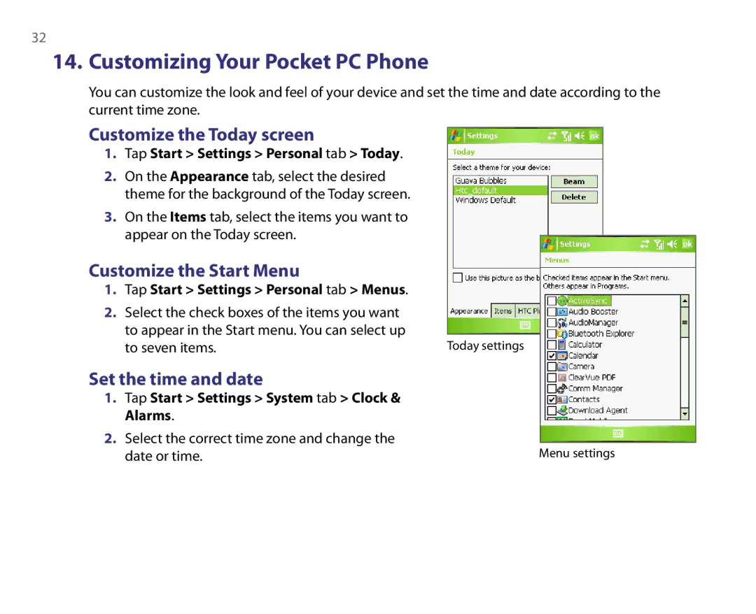 HTC IMAP4 Customizing Your Pocket PC Phone, Customize the Today screen, Customize the Start Menu, Set the time and date 