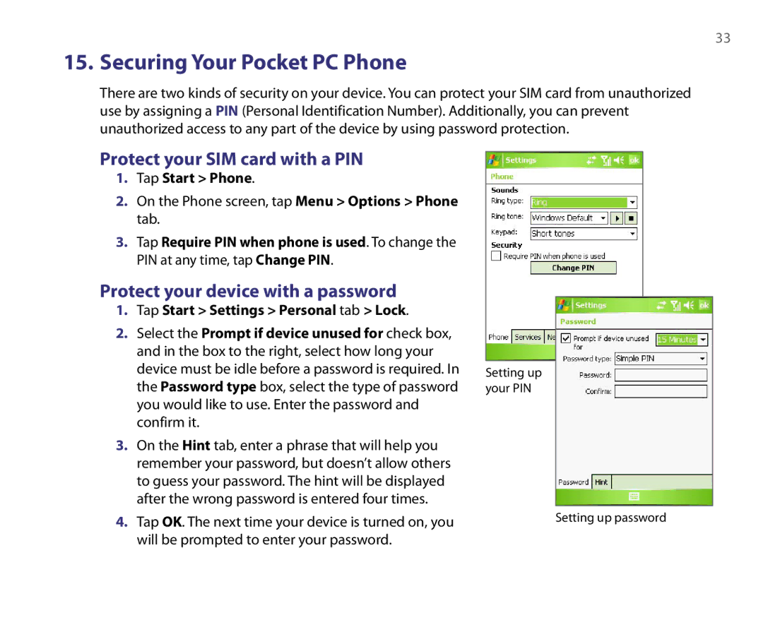 HTC POP3, IMAP4 Securing Your Pocket PC Phone, Protect your SIM card with a PIN, Protect your device with a password 