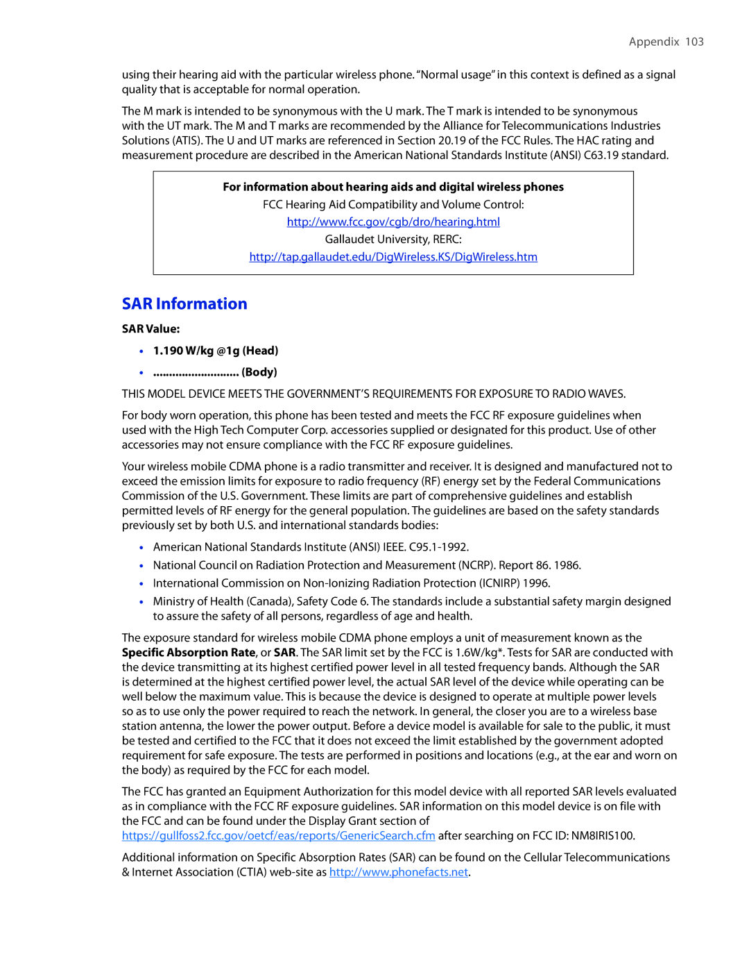 HTC IRIS100 user manual SAR Information, SAR Value 190 W/kg @1g Head Body 