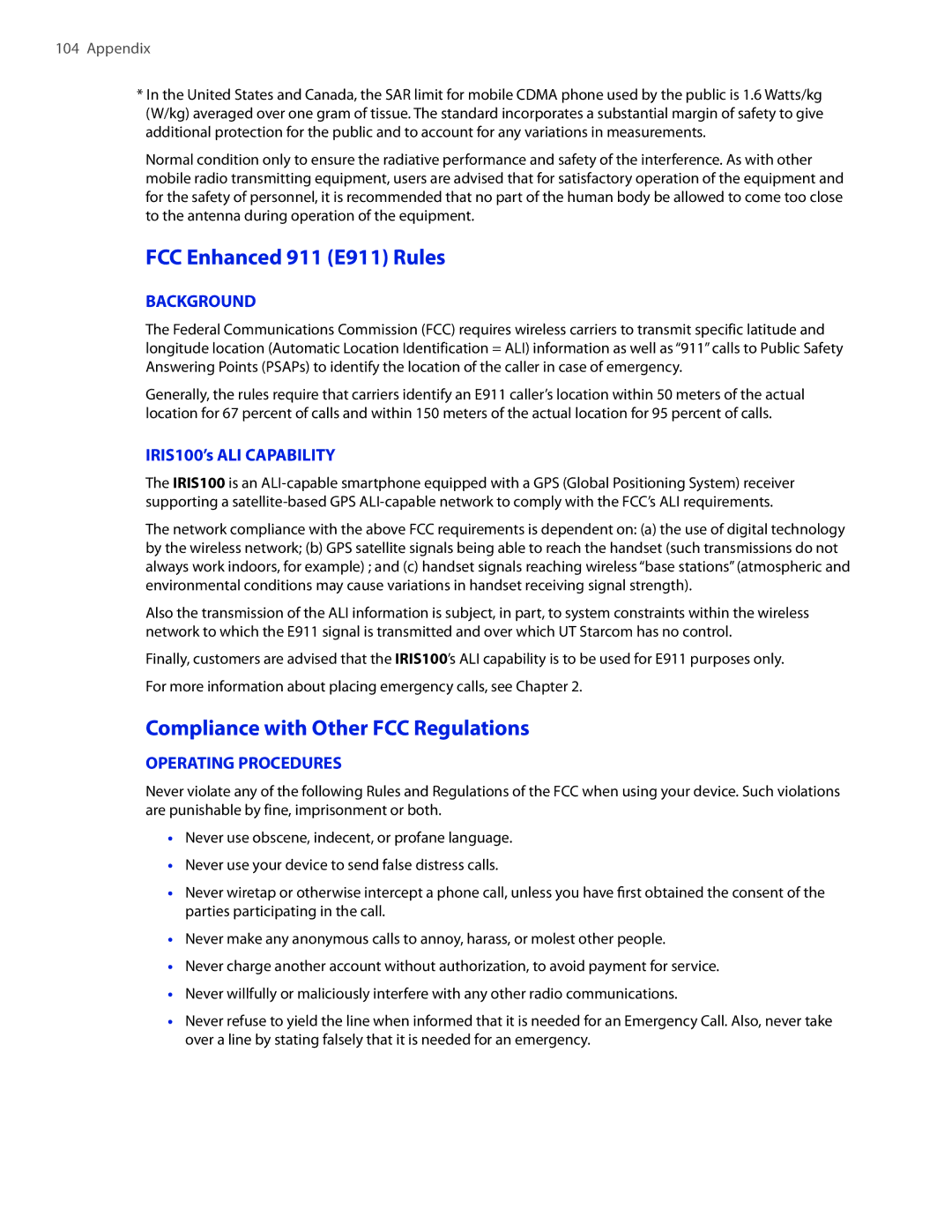 HTC user manual FCC Enhanced 911 E911 Rules, Compliance with Other FCC Regulations, IRIS100’s ALI Capability 