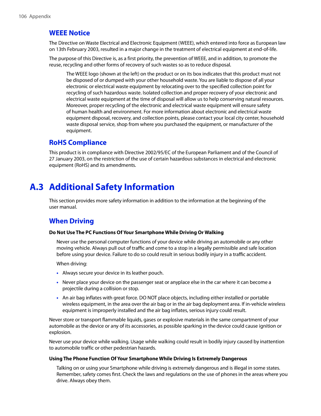 HTC IRIS100 user manual Additional Safety Information, Weee Notice, RoHS Compliance, When Driving 