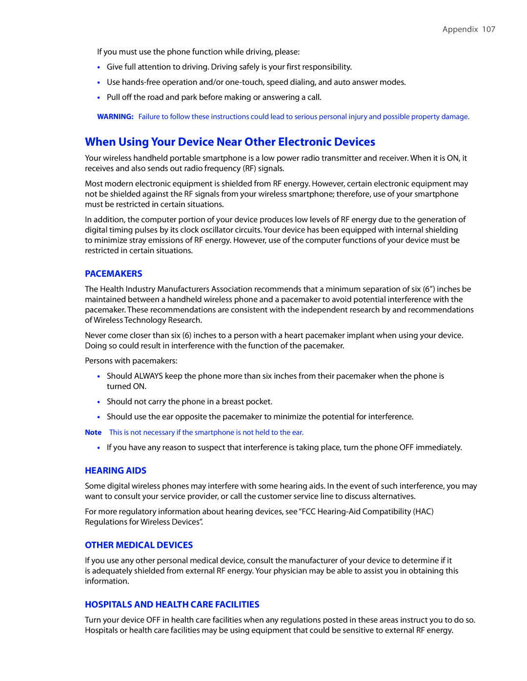 HTC IRIS100 user manual When Using Your Device Near Other Electronic Devices, Pacemakers 