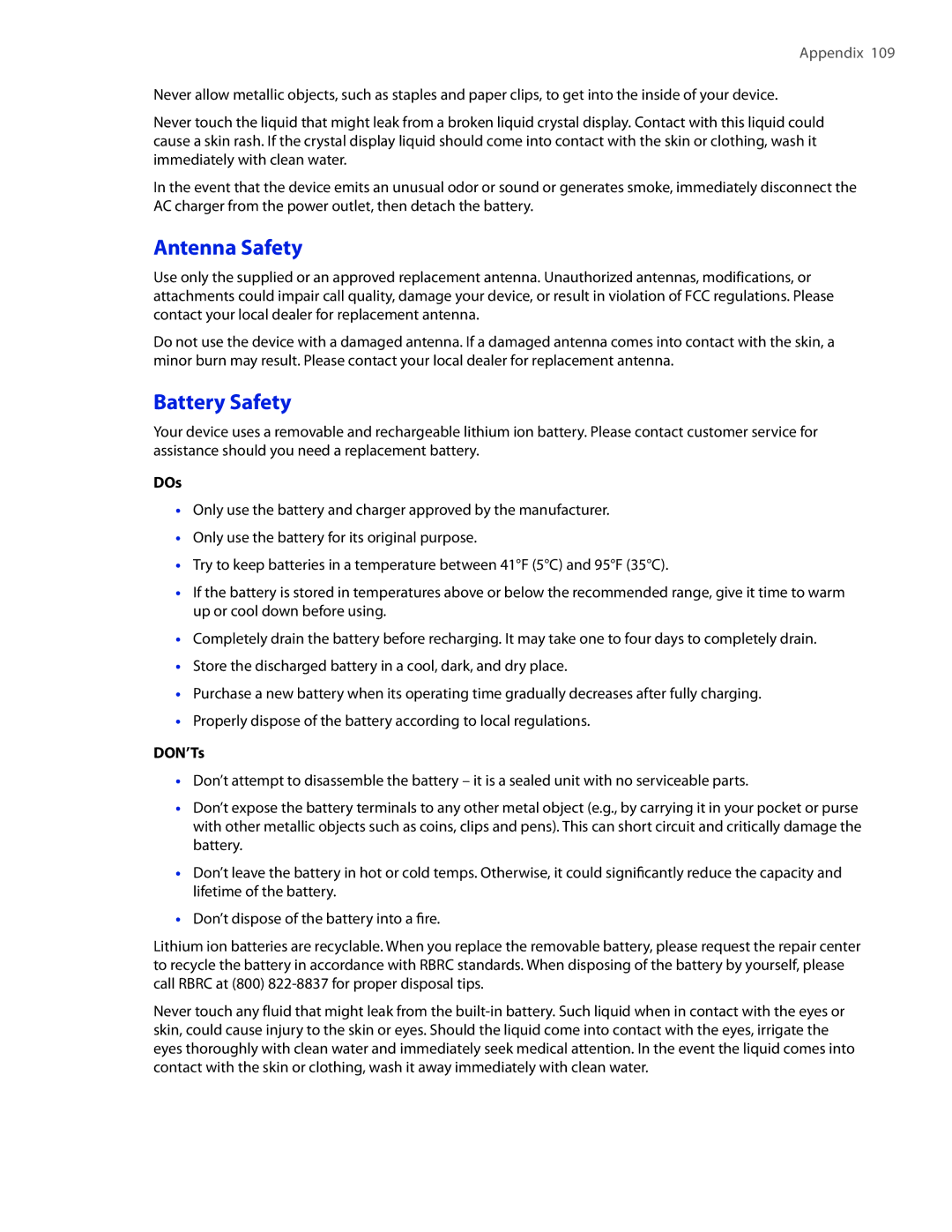 HTC IRIS100 user manual Antenna Safety, Battery Safety, DOs, DON’Ts 