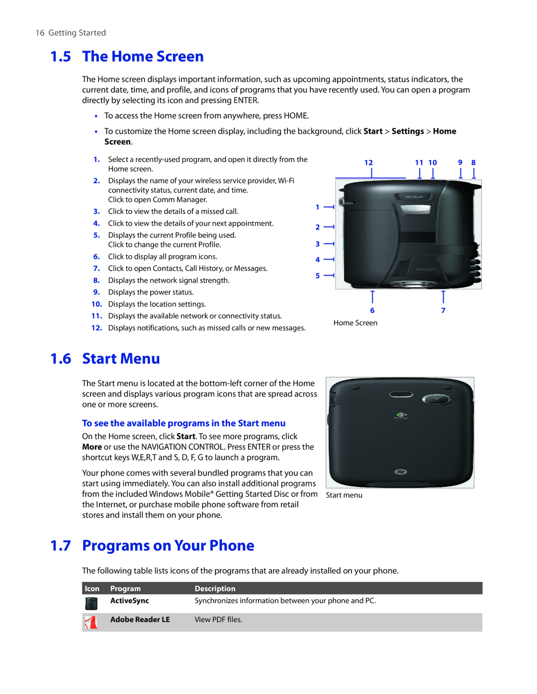 HTC IRIS100 user manual Home Screen, Start Menu, Programs on Your Phone, To see the available programs in the Start menu 