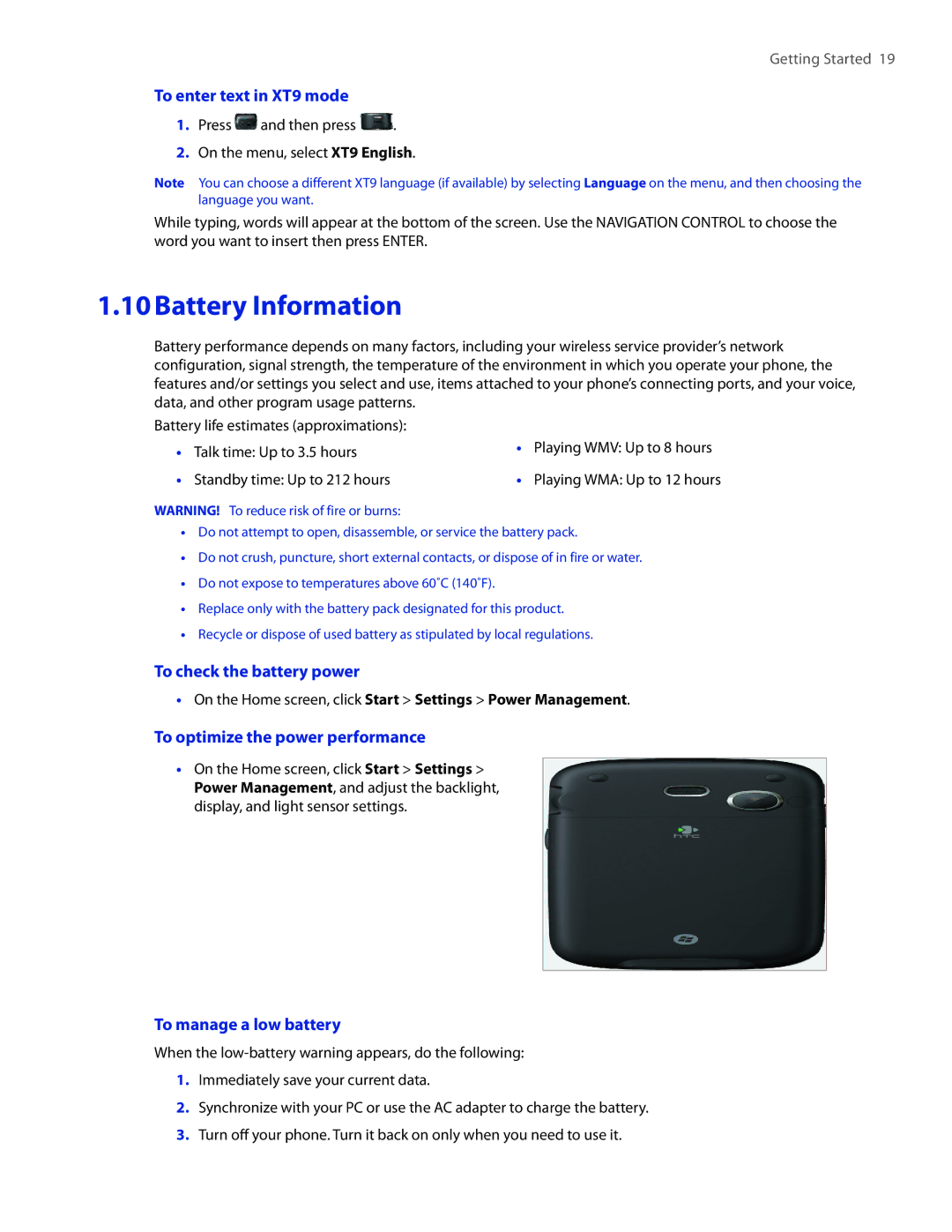 HTC IRIS100 Battery Information, To enter text in XT9 mode, To check the battery power, To optimize the power performance 