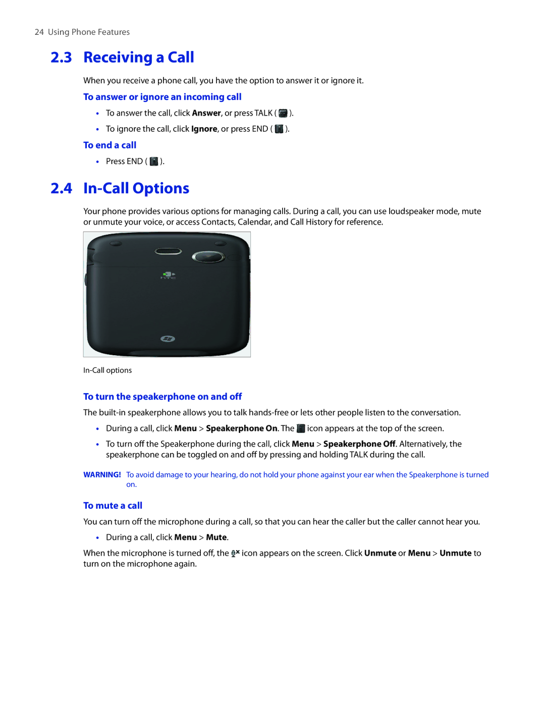 HTC IRIS100 user manual Receiving a Call, In-Call Options 