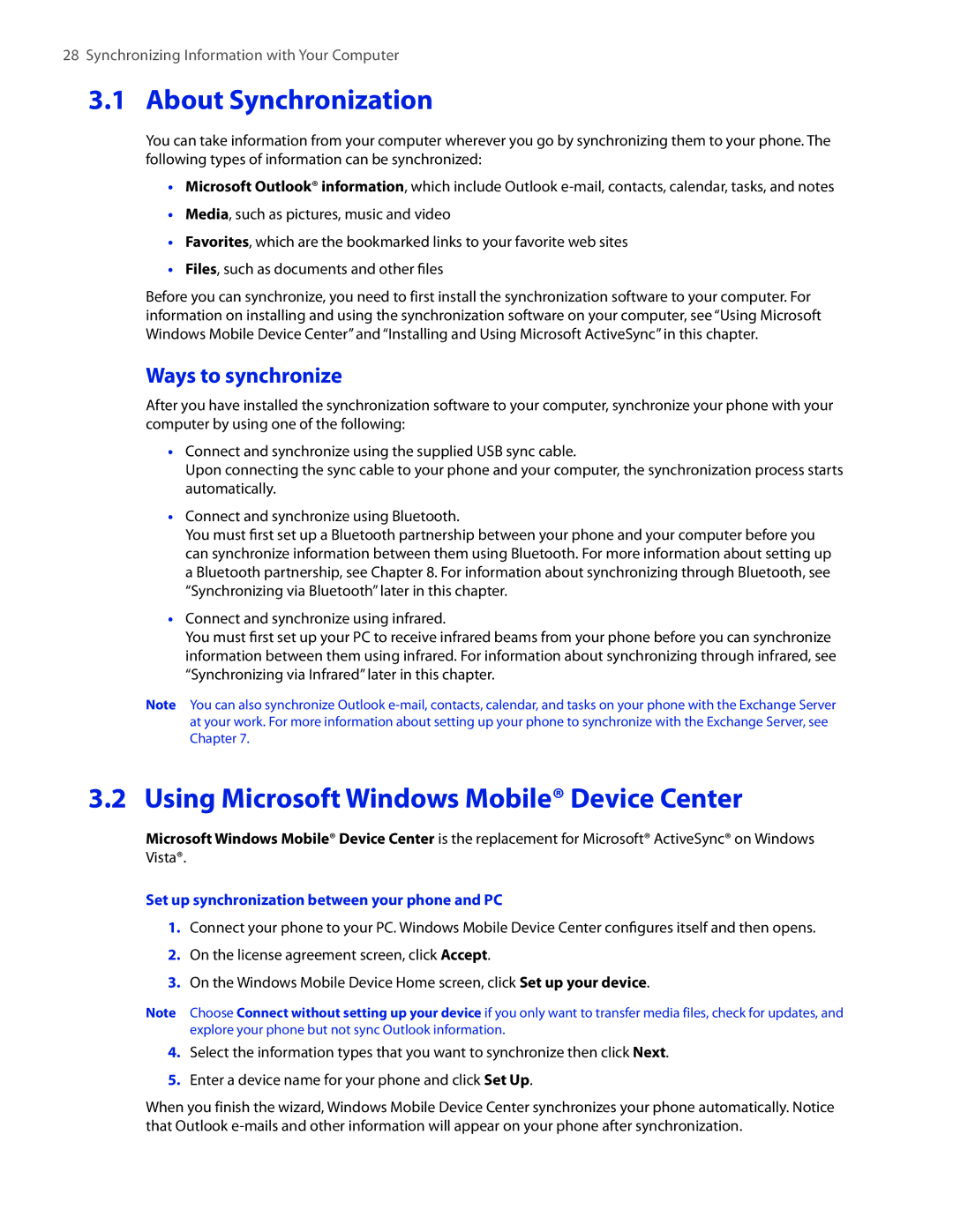 HTC IRIS100 user manual About Synchronization, Using Microsoft Windows Mobile Device Center, Ways to synchronize 