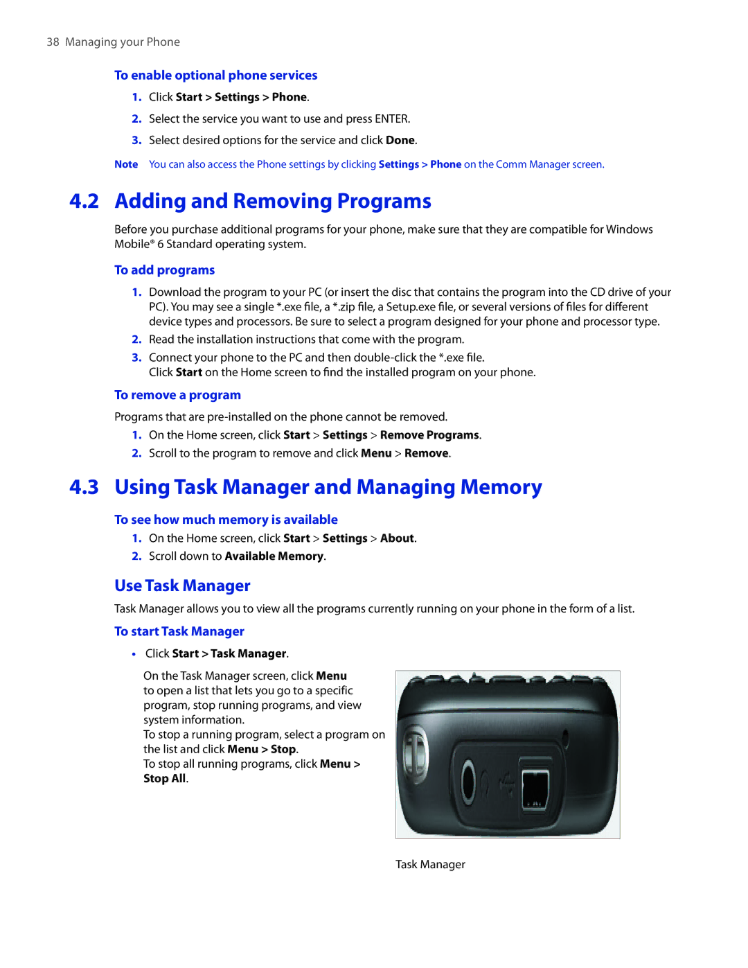 HTC IRIS100 user manual Adding and Removing Programs, Using Task Manager and Managing Memory, Use Task Manager 