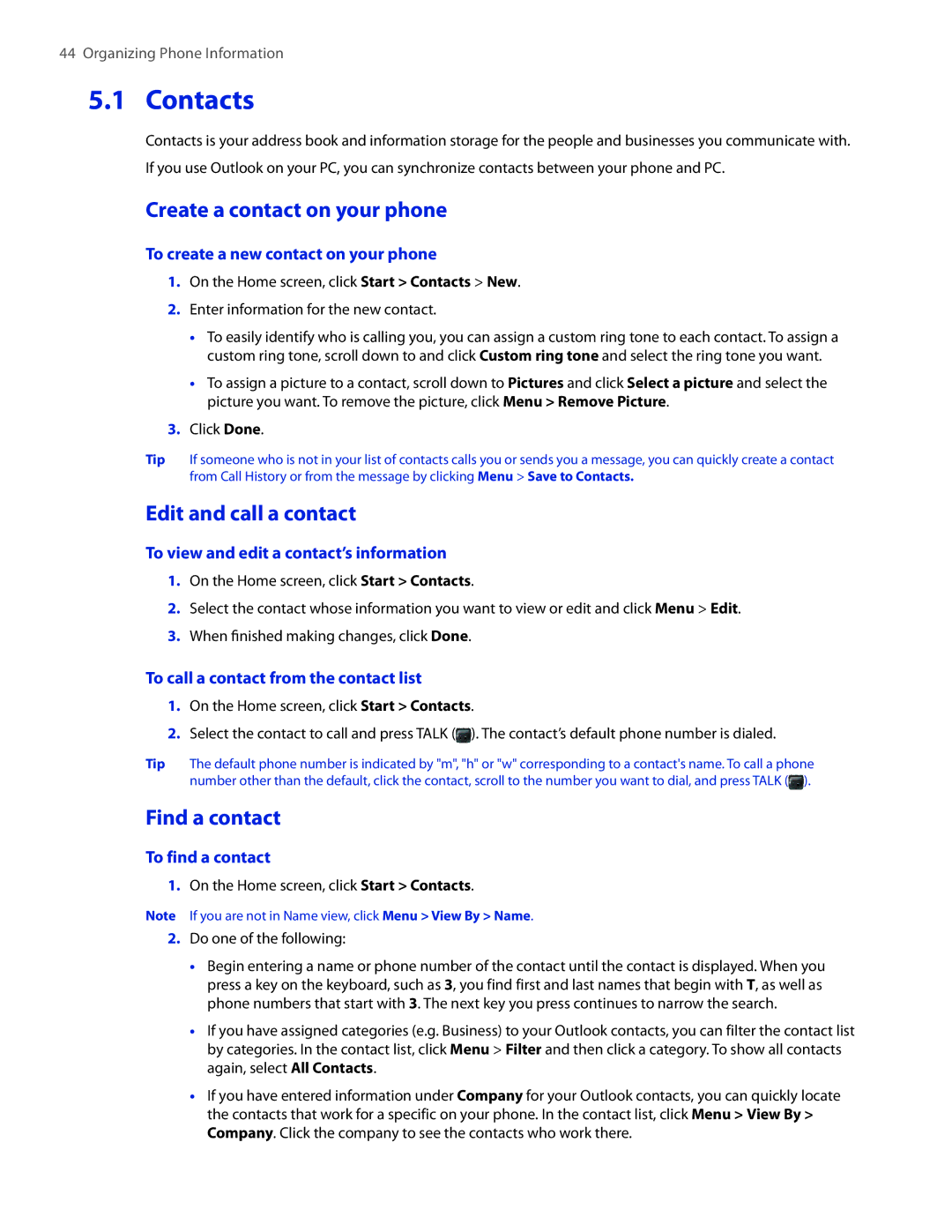 HTC IRIS100 user manual Contacts, Create a contact on your phone, Edit and call a contact, Find a contact 