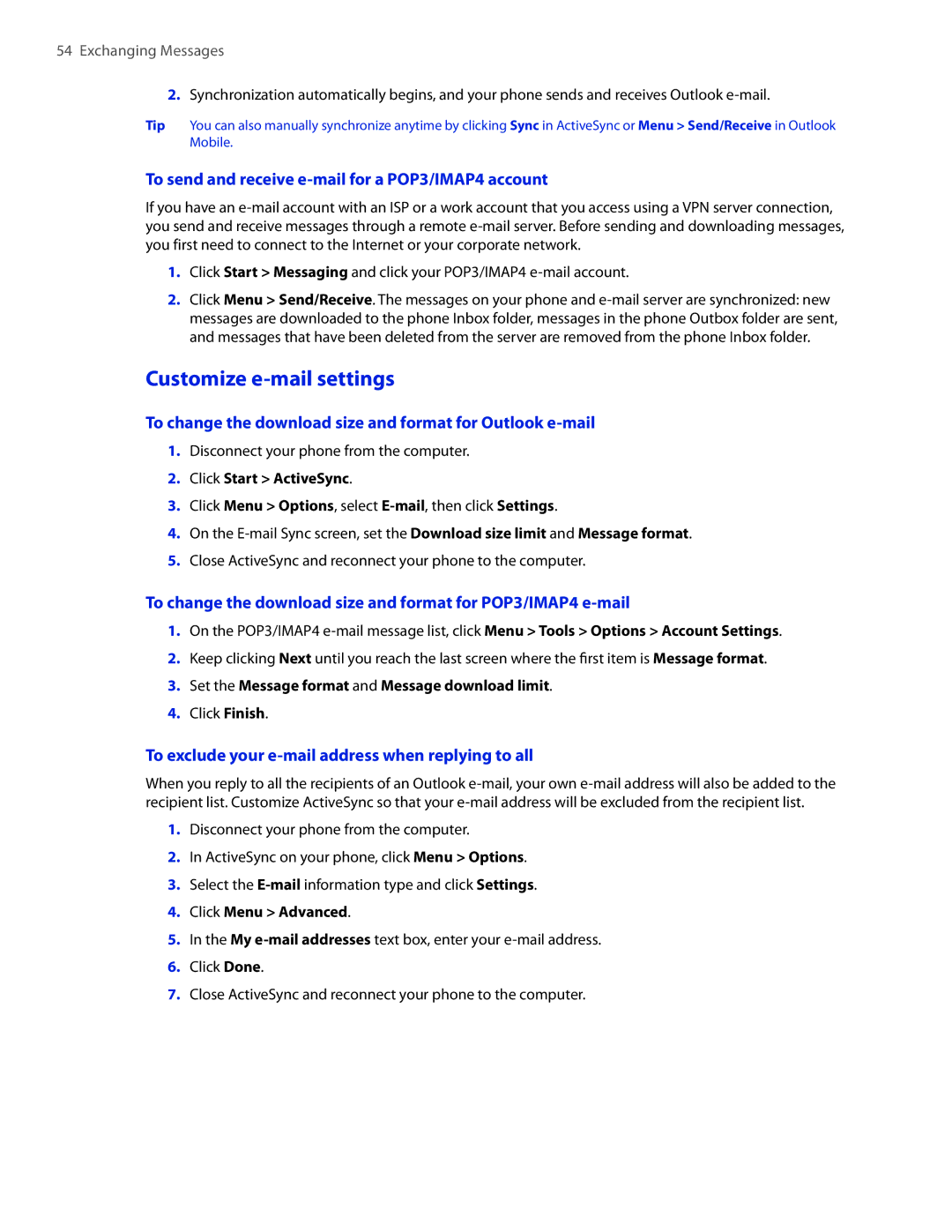 HTC IRIS100 user manual Customize e-mail settings, To send and receive e-mail for a POP3/IMAP4 account 