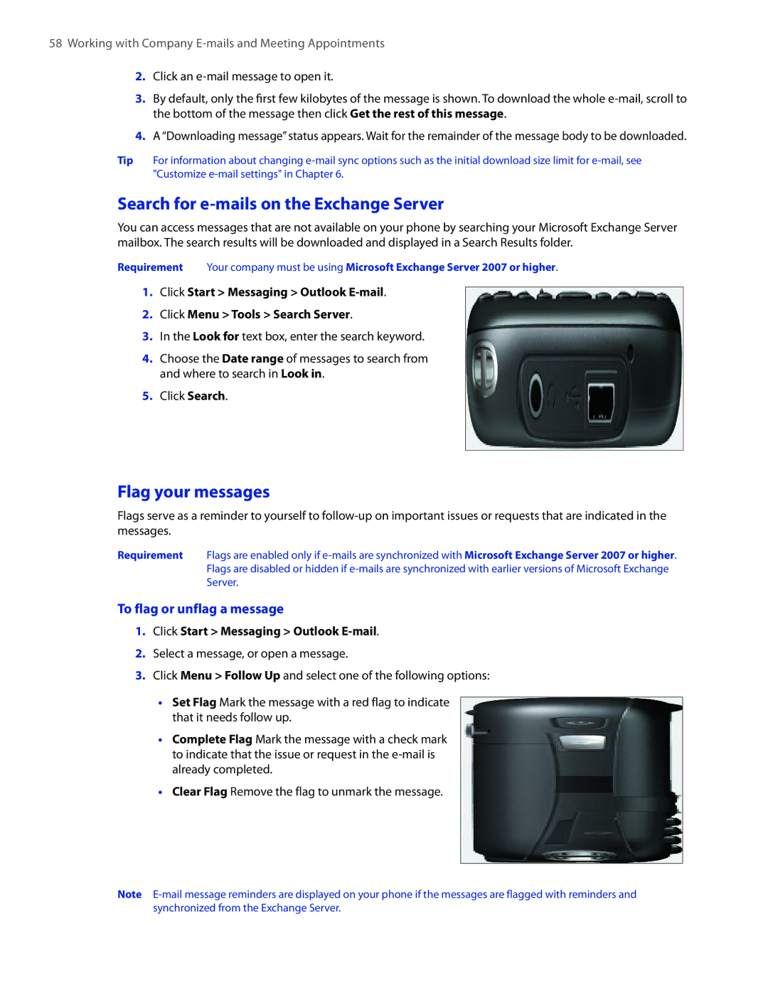 HTC IRIS100 user manual Search for e-mails on the Exchange Server, Flag your messages, To flag or unflag a message 