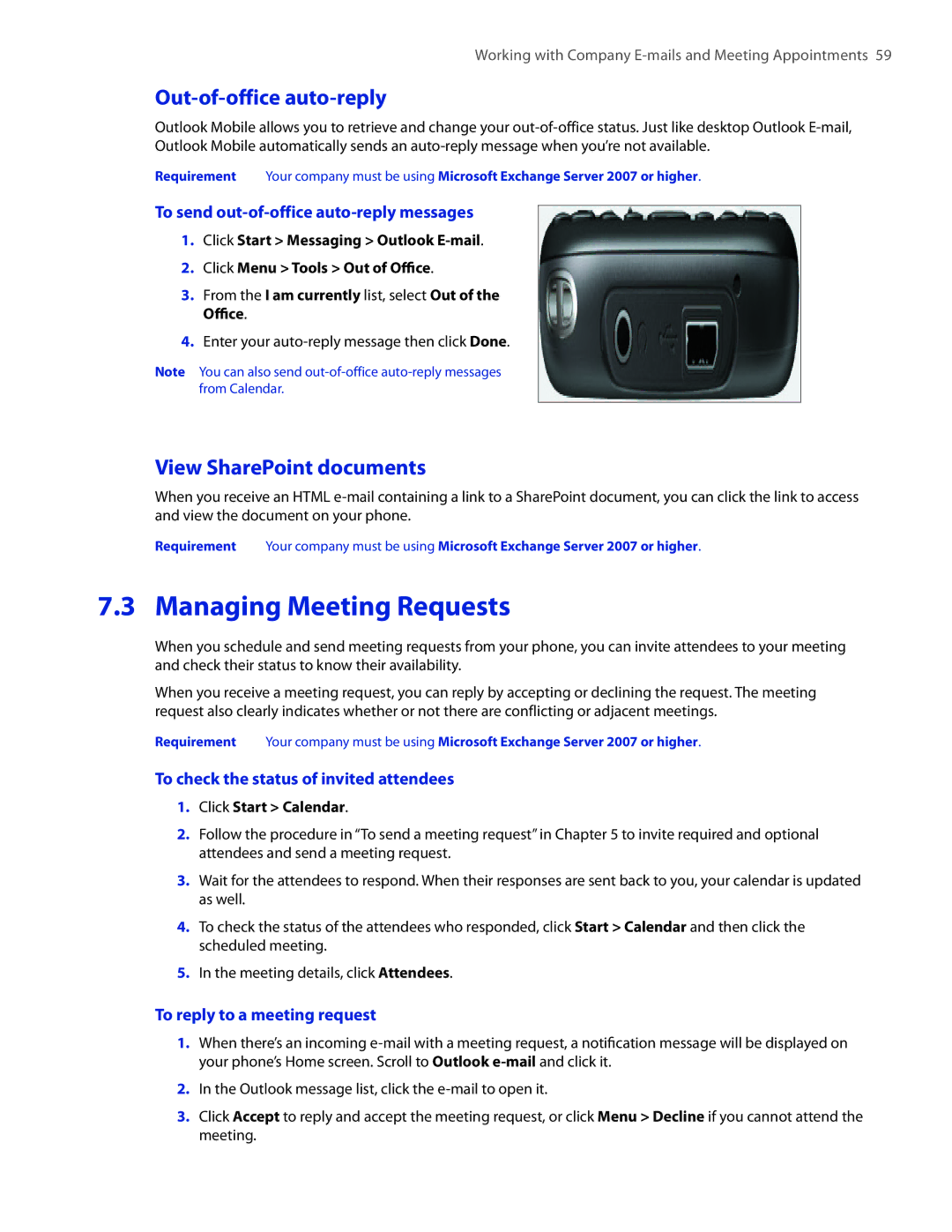 HTC IRIS100 user manual Managing Meeting Requests, Out-of-office auto-reply, View SharePoint documents 