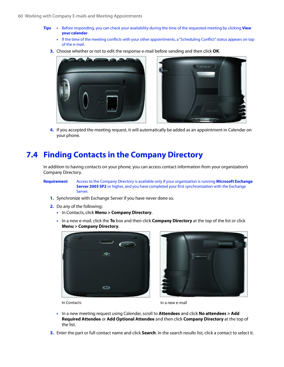 HTC IRIS100 user manual Finding Contacts in the Company Directory, Contacts, click Menu Company Directory 