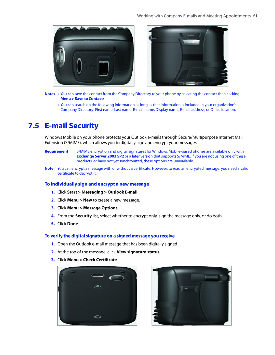 HTC IRIS100 user manual Mail Security, To individually sign and encrypt a new message, Click Menu Message Options 