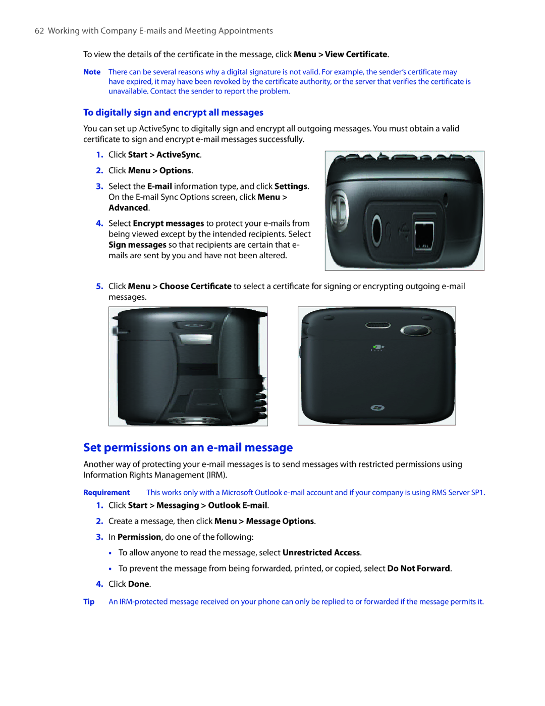 HTC IRIS100 user manual Set permissions on an e-mail message, To digitally sign and encrypt all messages 