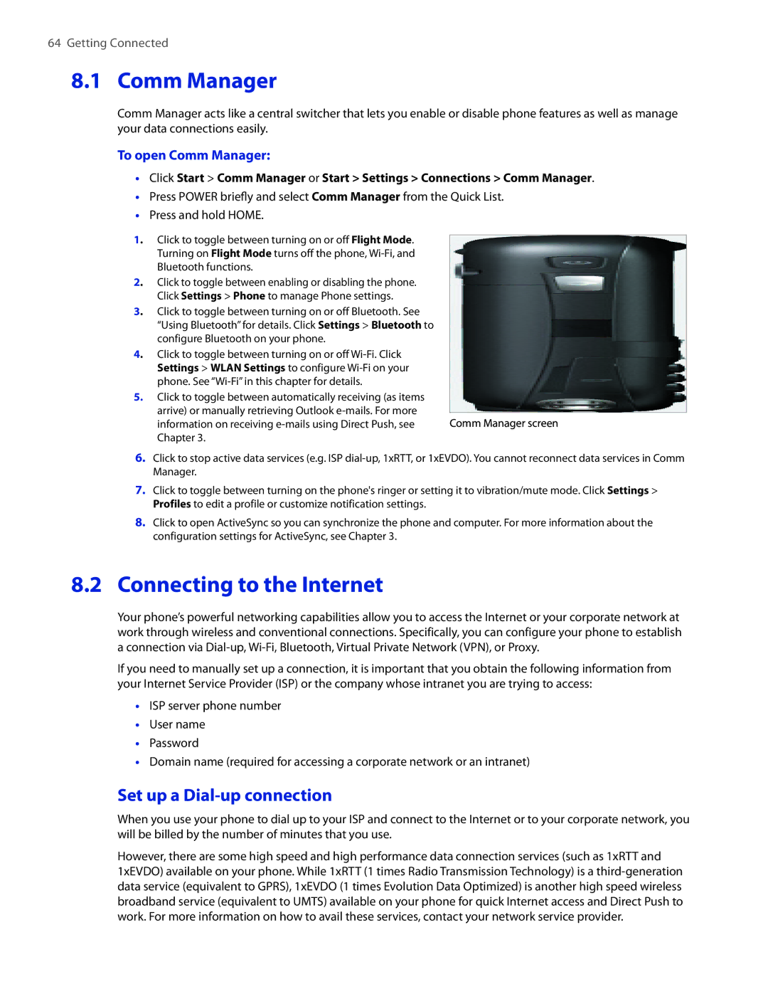 HTC IRIS100 user manual Connecting to the Internet, Set up a Dial-up connection, To open Comm Manager 