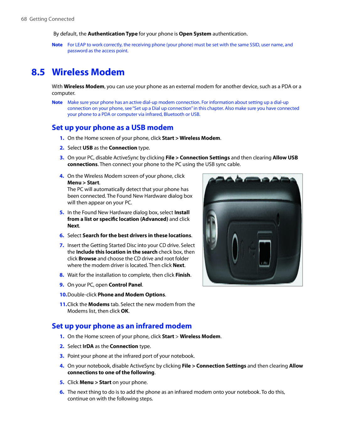 HTC IRIS100 user manual Wireless Modem, Set up your phone as a USB modem, Set up your phone as an infrared modem 