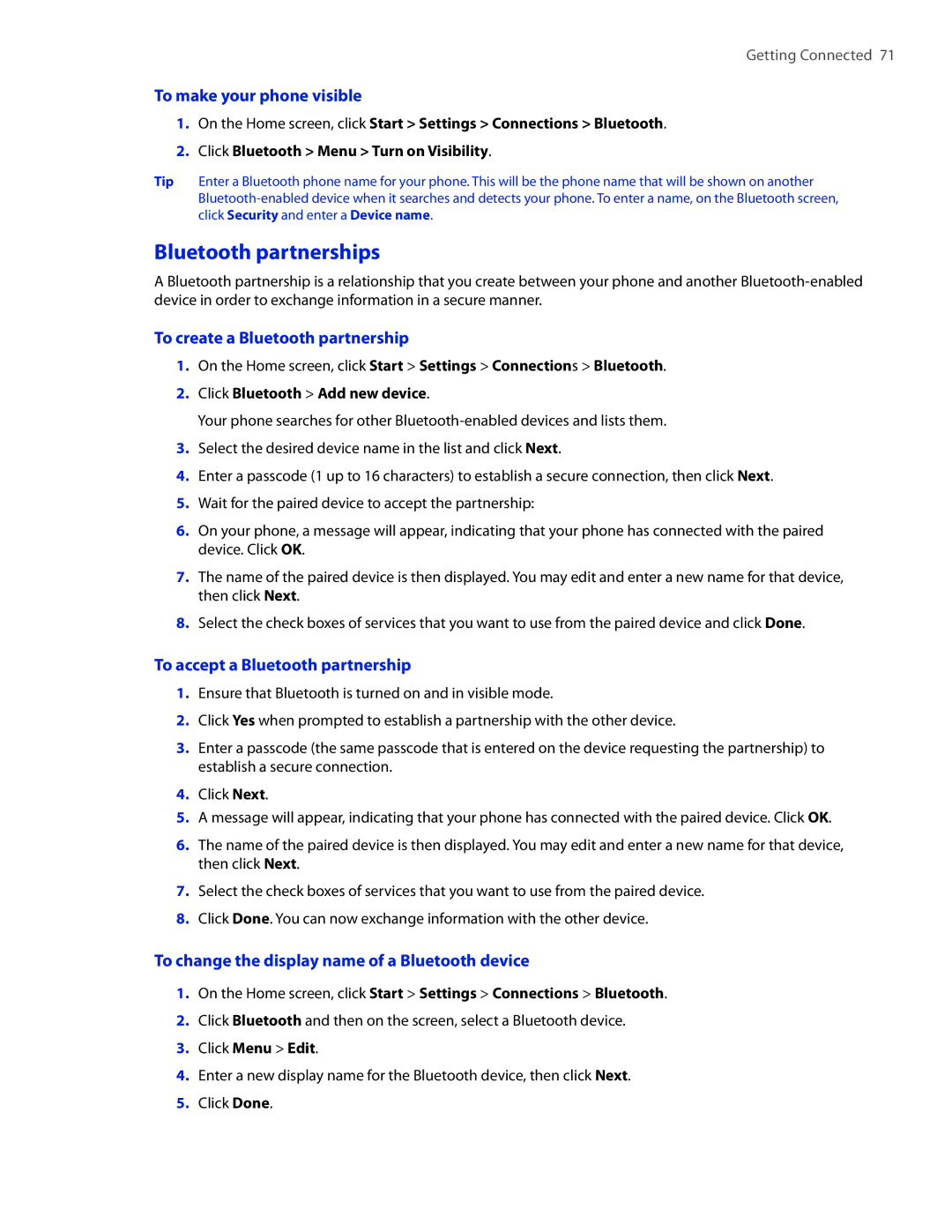 HTC IRIS100 user manual Bluetooth partnerships, To make your phone visible, To create a Bluetooth partnership 