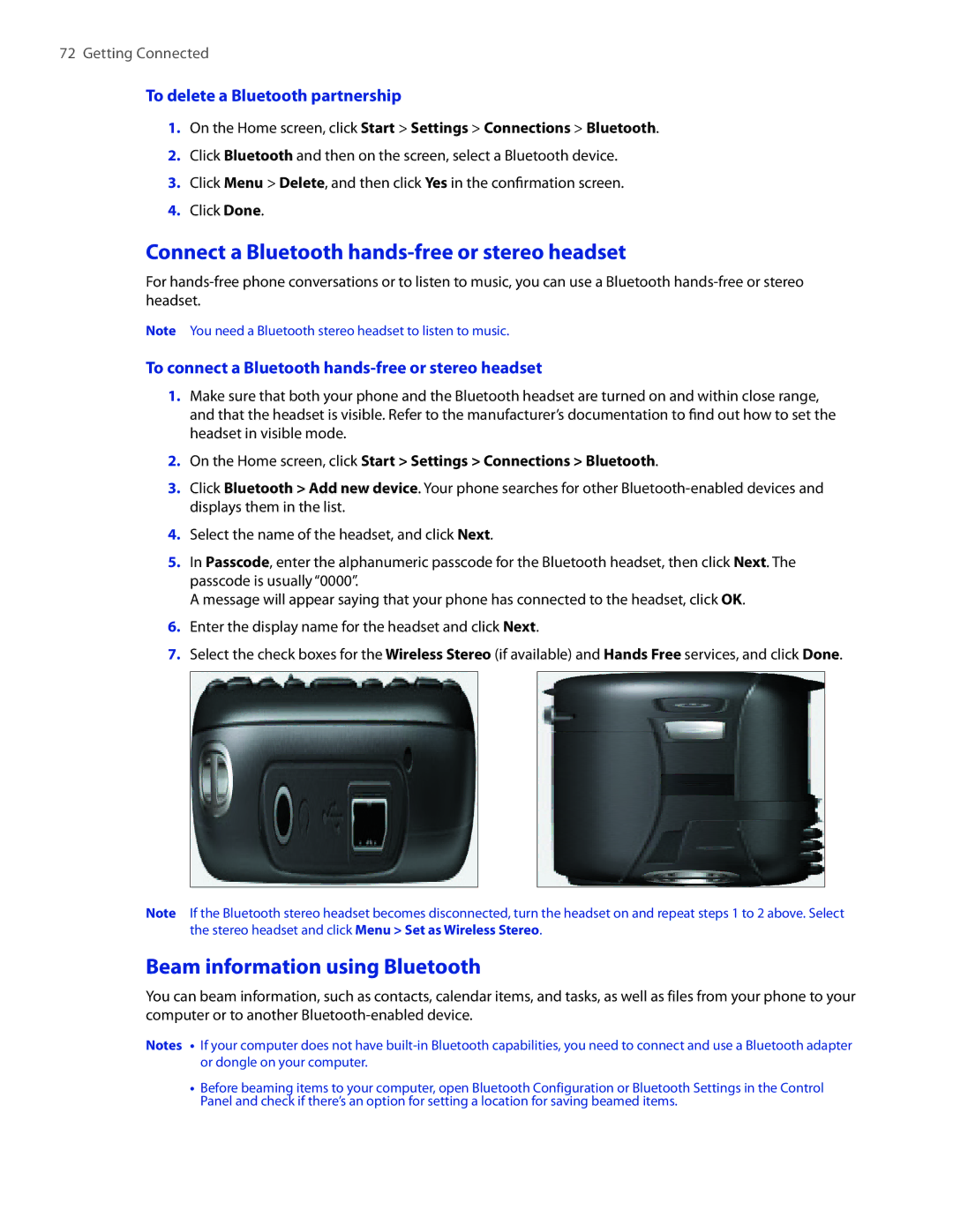 HTC IRIS100 user manual Connect a Bluetooth hands-free or stereo headset, Beam information using Bluetooth 