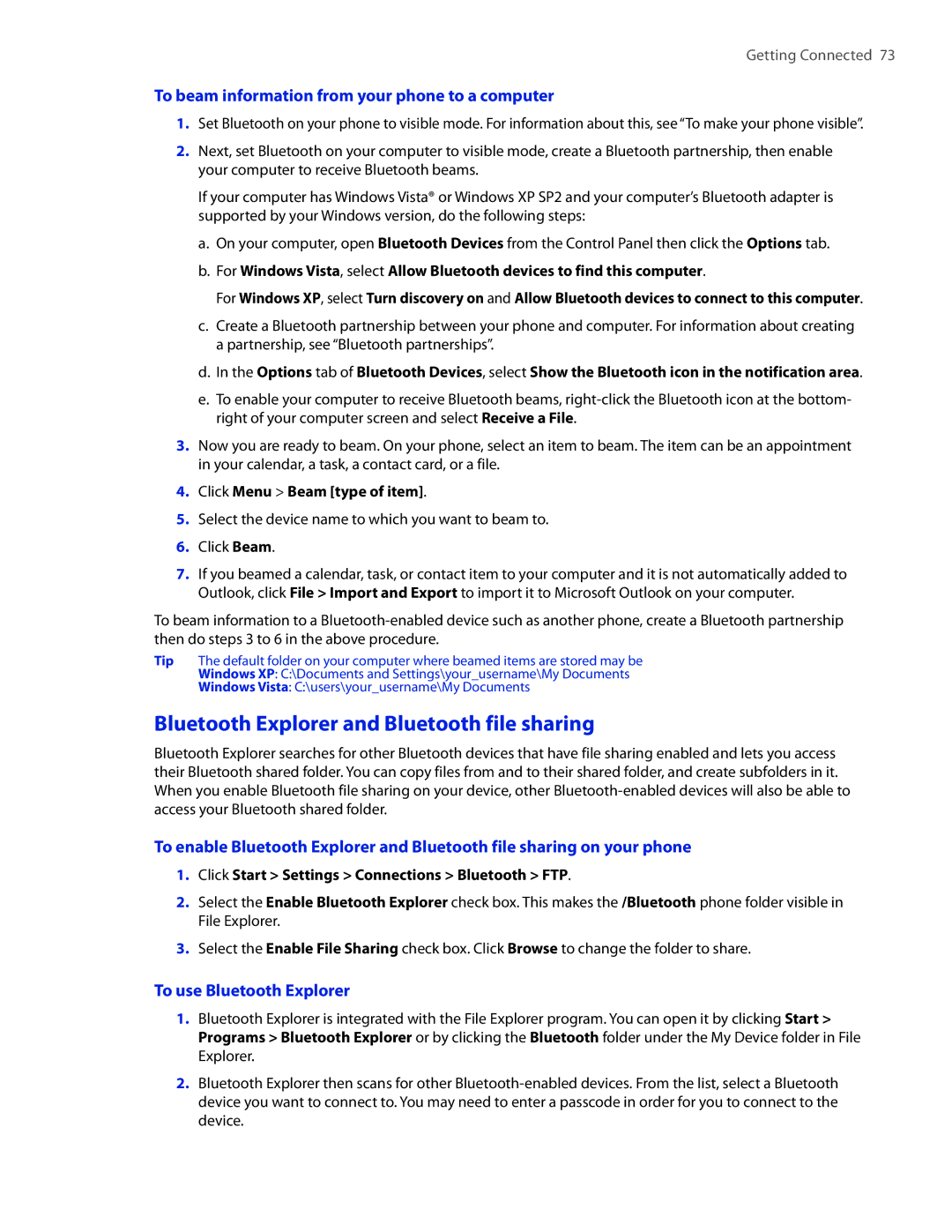 HTC IRIS100 user manual Bluetooth Explorer and Bluetooth file sharing, To beam information from your phone to a computer 