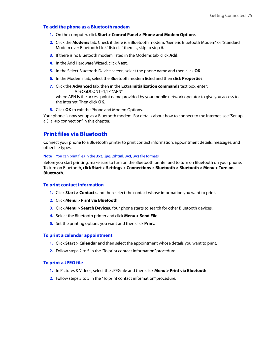 HTC IRIS100 user manual Print files via Bluetooth, To add the phone as a Bluetooth modem, To print contact information 