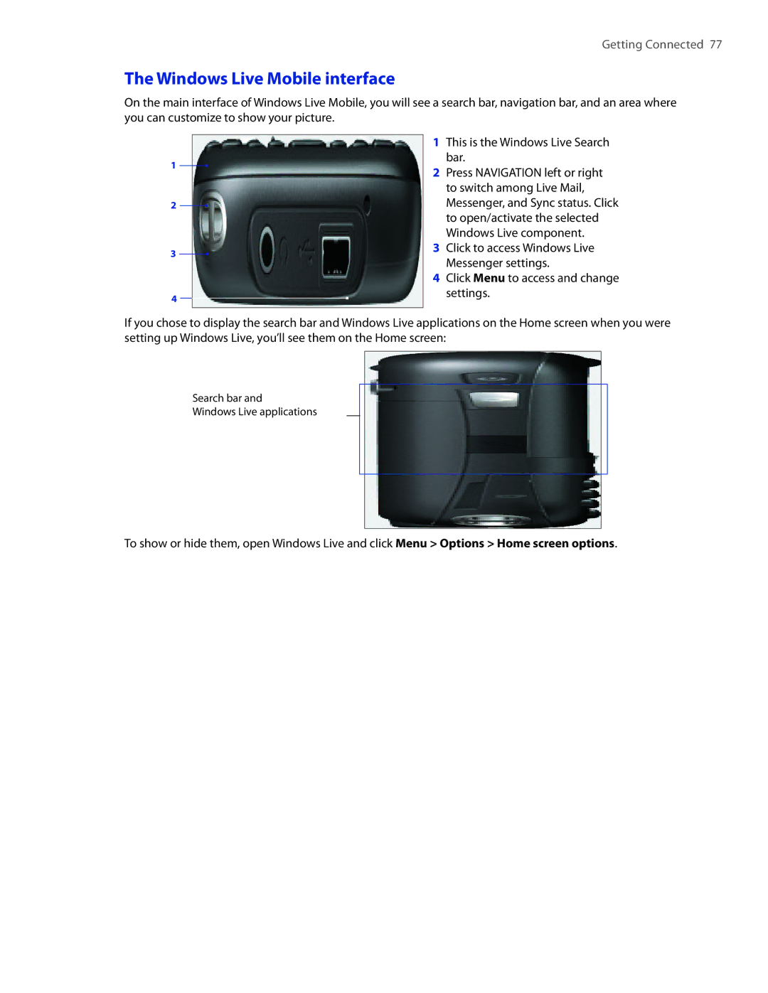 HTC IRIS100 user manual Windows Live Mobile interface 