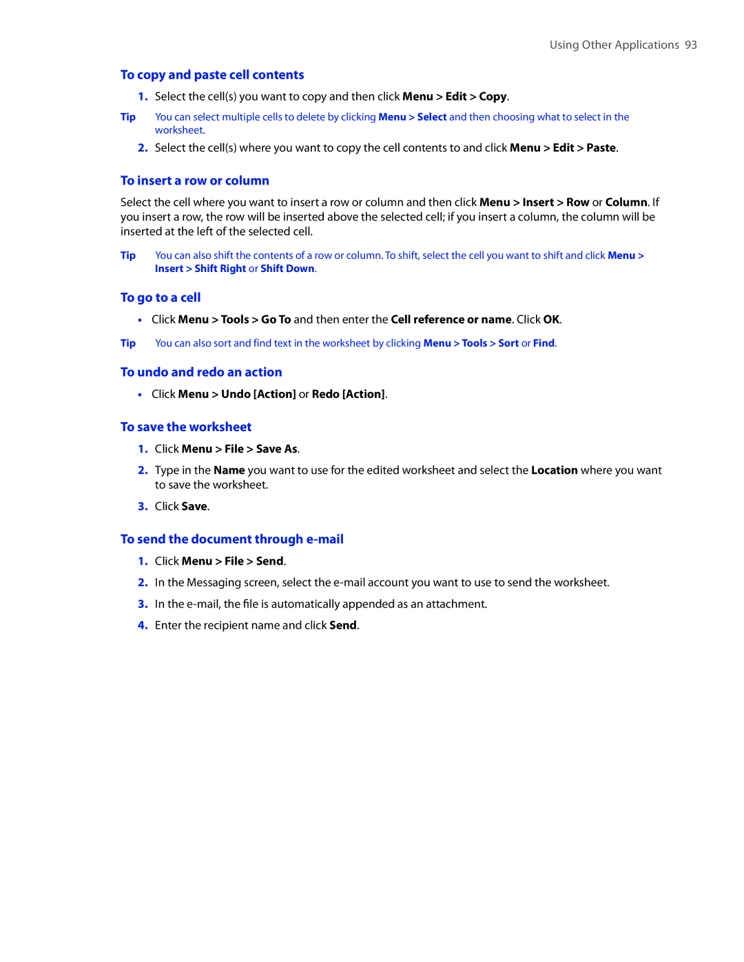 HTC IRIS100 To copy and paste cell contents, To insert a row or column, To go to a cell, To undo and redo an action 