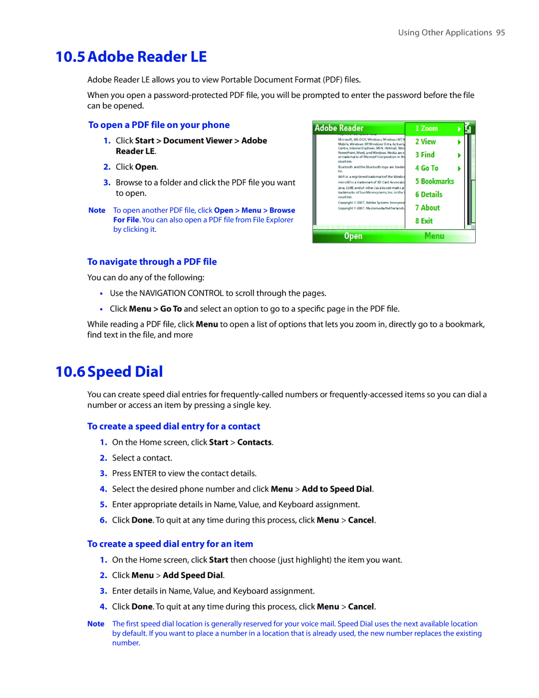 HTC IRIS100 user manual Adobe Reader LE, Speed Dial, To create a speed dial entry for a contact 