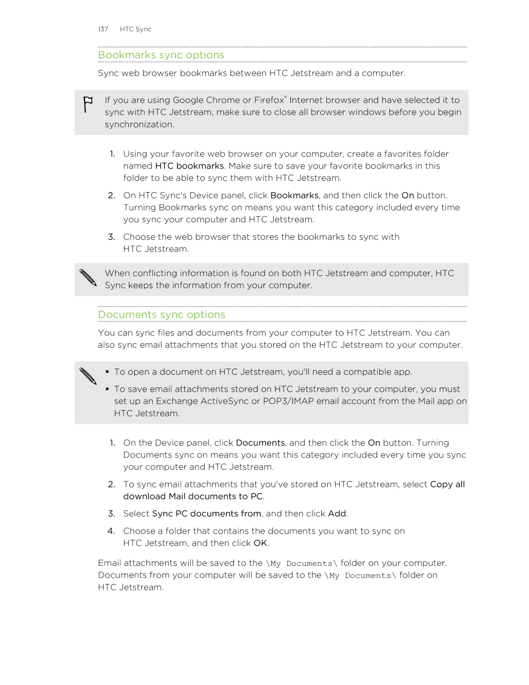 HTC Jetstream manual Bookmarks sync options, Documents sync options 