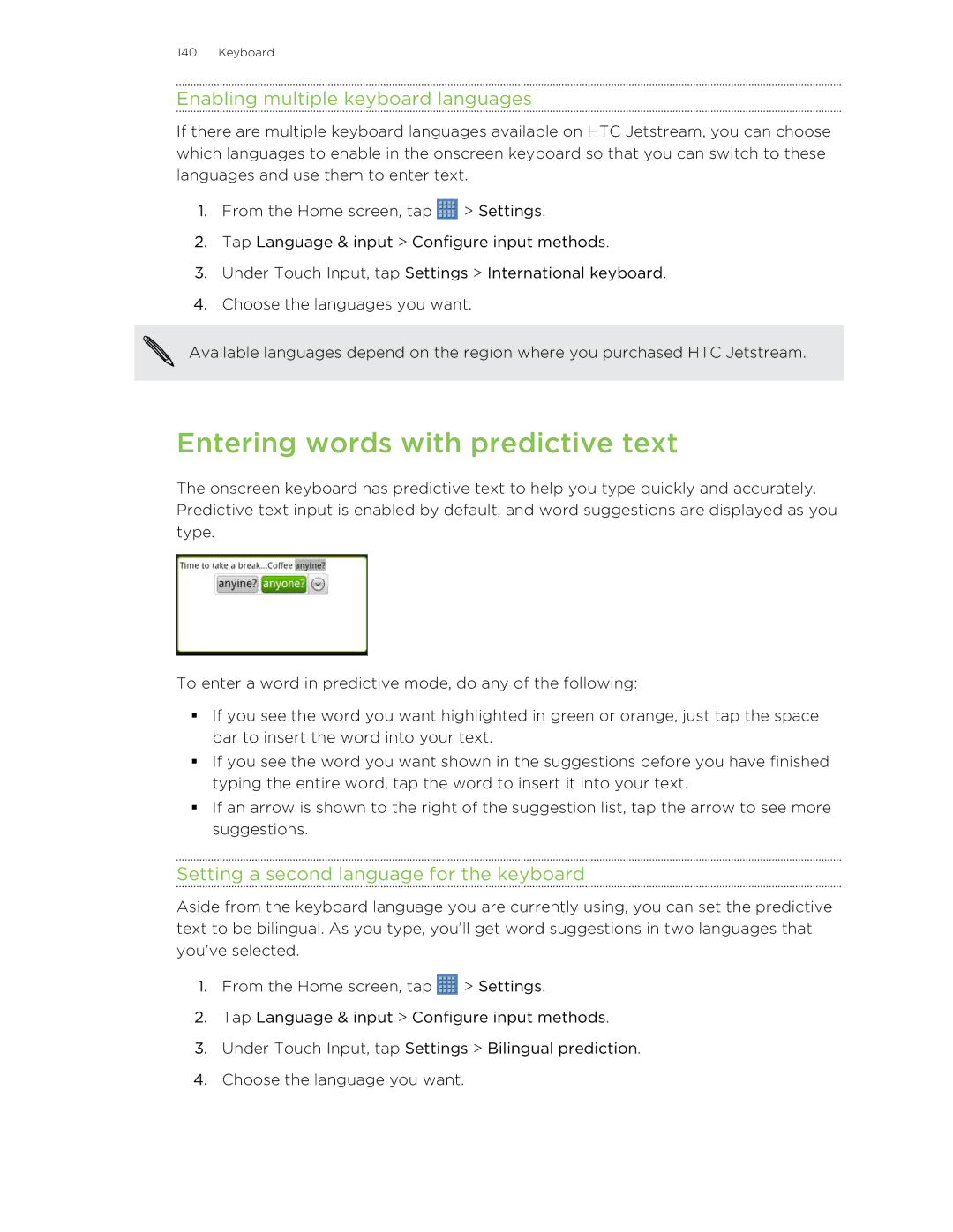 HTC Jetstream manual Entering words with predictive text, Enabling multiple keyboard languages 