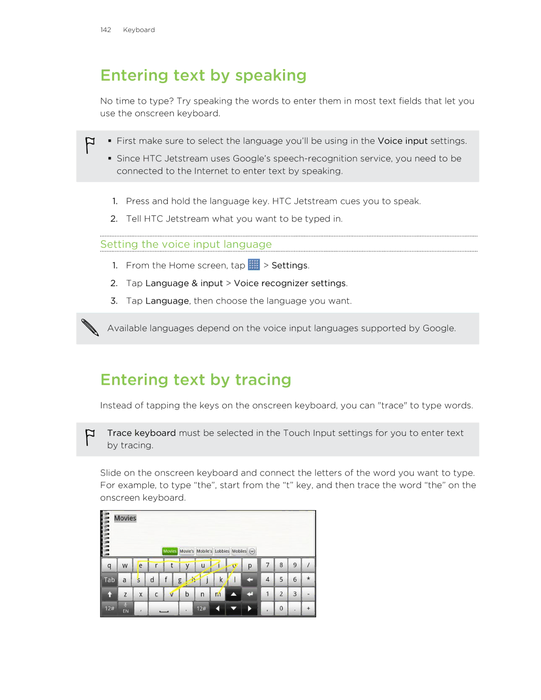 HTC Jetstream manual Entering text by speaking, Entering text by tracing, Setting the voice input language 