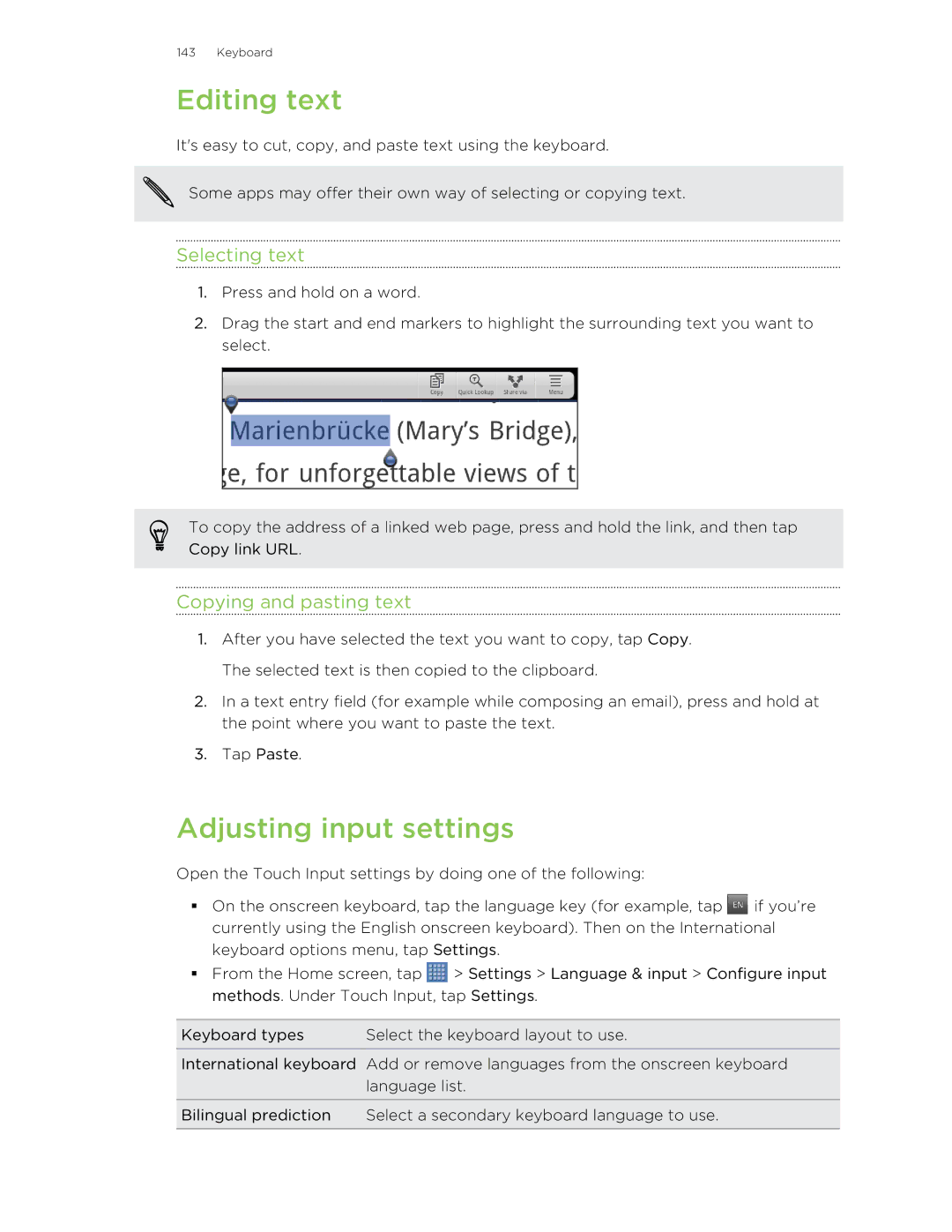 HTC Jetstream manual Editing text, Adjusting input settings 