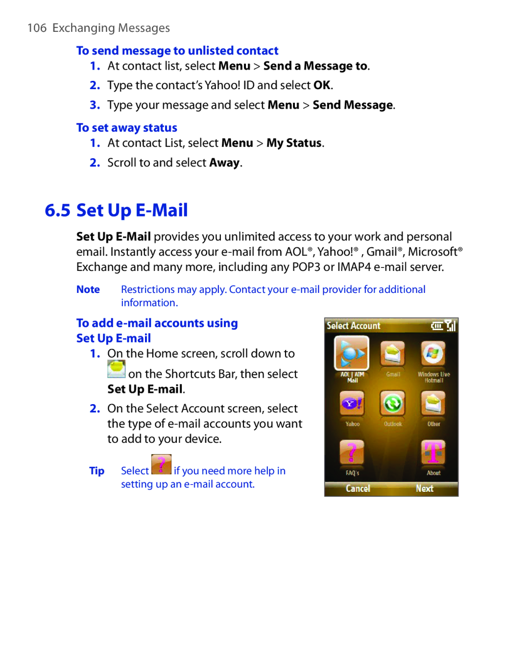 HTC KII0160 user manual Set Up E-Mail, To add e-mail accounts using Set Up E-mail 