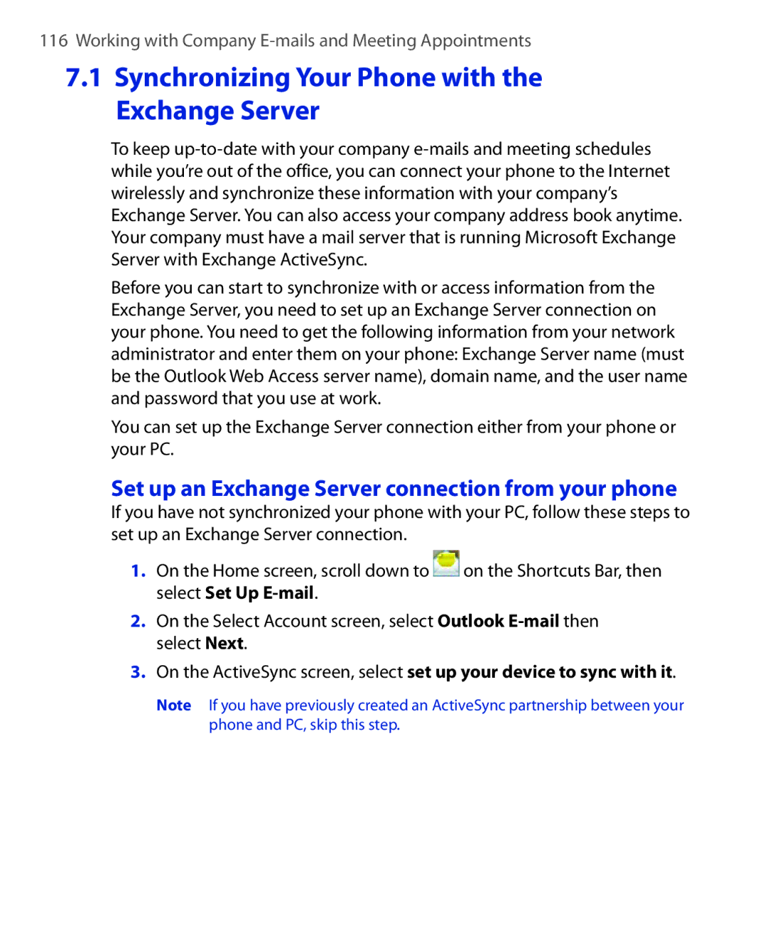 HTC KII0160 Synchronizing Your Phone with the Exchange Server, Set up an Exchange Server connection from your phone 