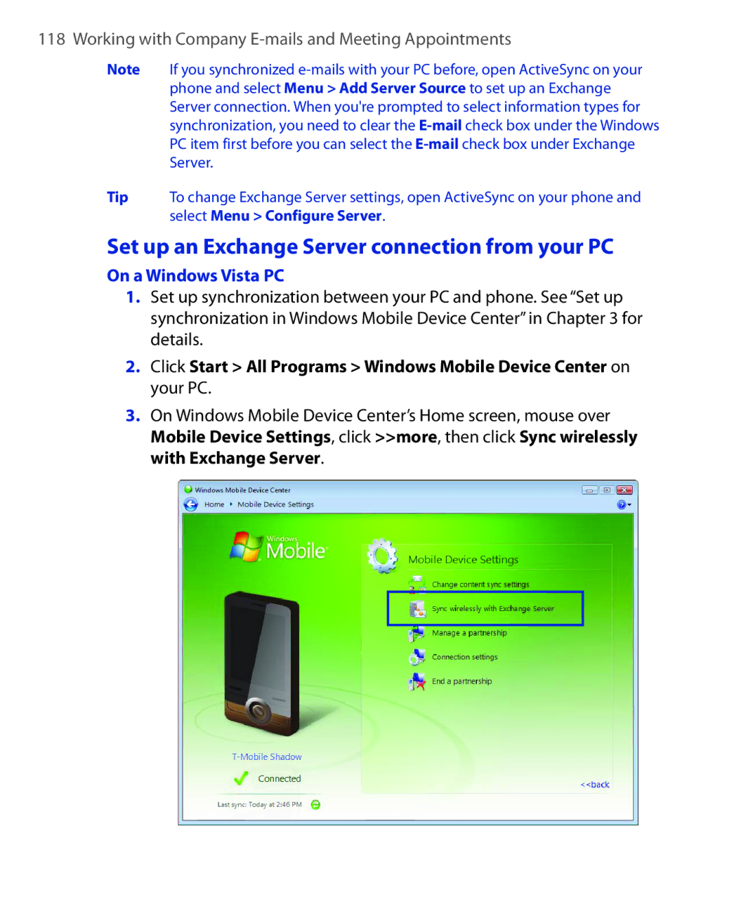 HTC KII0160 user manual Set up an Exchange Server connection from your PC, On a Windows Vista PC 