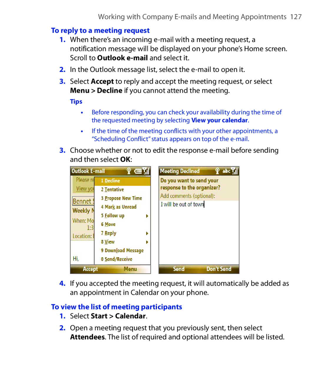 HTC KII0160 user manual To reply to a meeting request, To view the list of meeting participants 