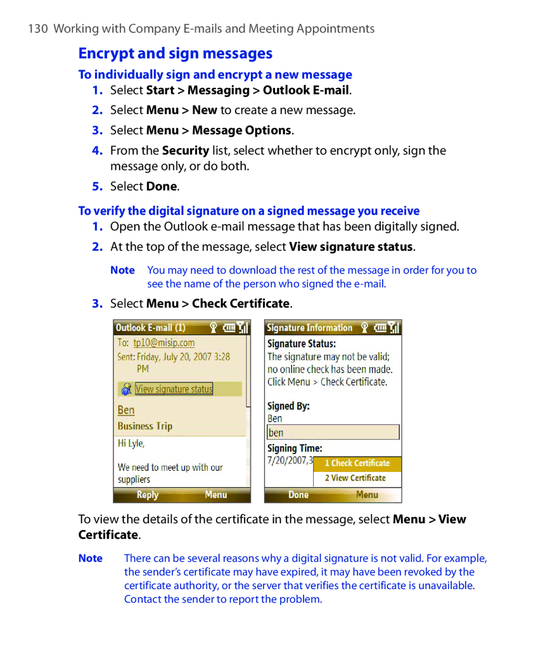 HTC KII0160 Encrypt and sign messages, To individually sign and encrypt a new message, Select Menu Message Options 