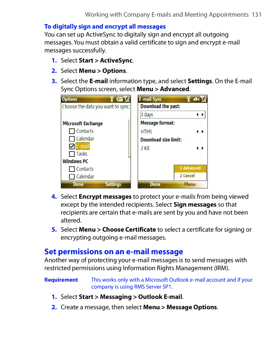 HTC KII0160 user manual Set permissions on an e-mail message, To digitally sign and encrypt all messages 