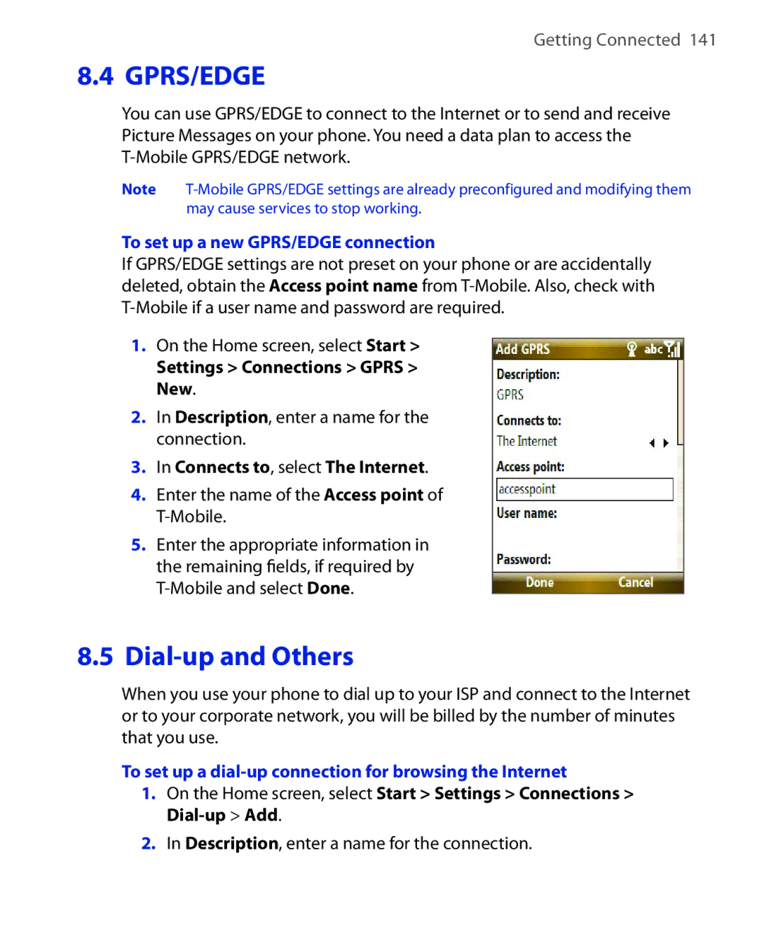 HTC KII0160 user manual Dial-up and Others, To set up a new GPRS/EDGE connection, Settings Connections Gprs New 