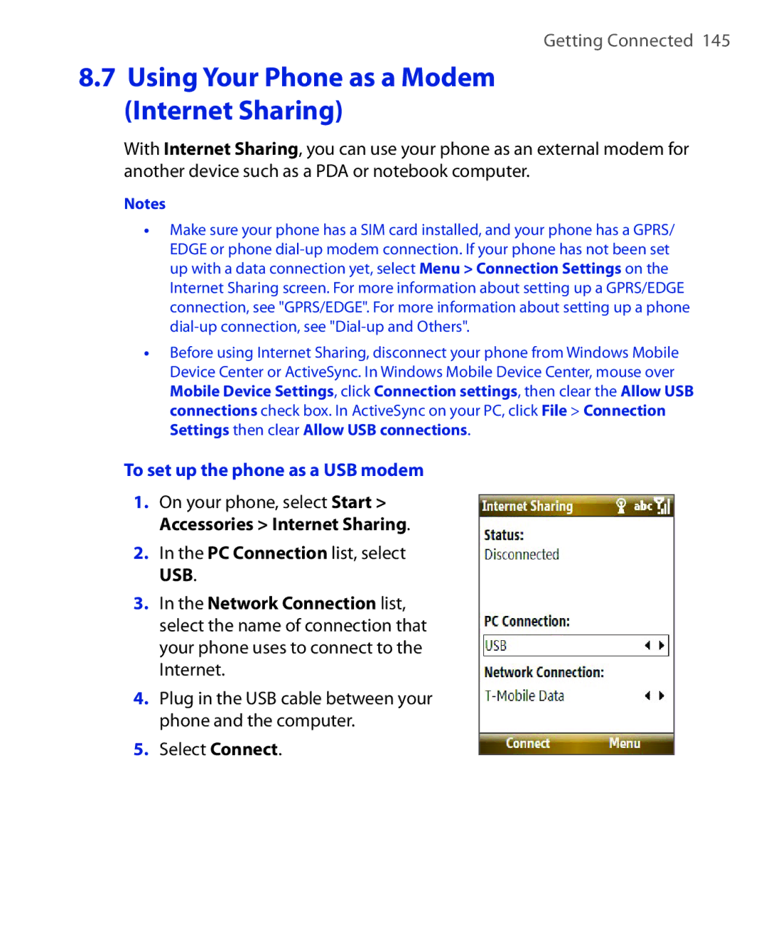 HTC KII0160 user manual Using Your Phone as a Modem Internet Sharing, To set up the phone as a USB modem 