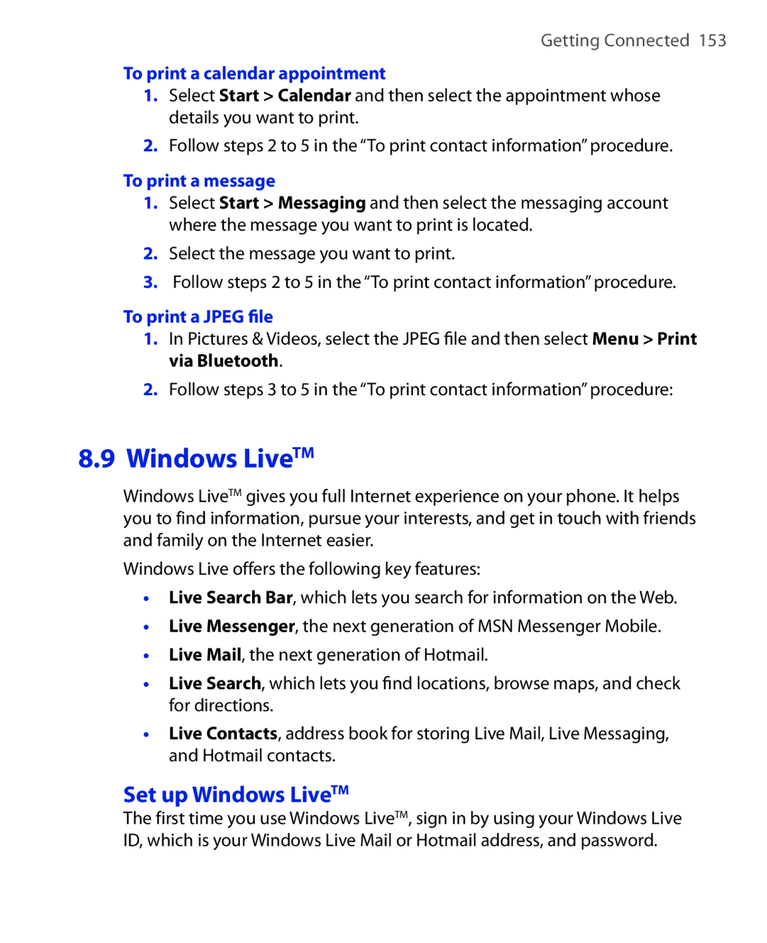 HTC KII0160 user manual Set up Windows LiveTM, To print a calendar appointment, To print a message, To print a Jpeg ﬁle 